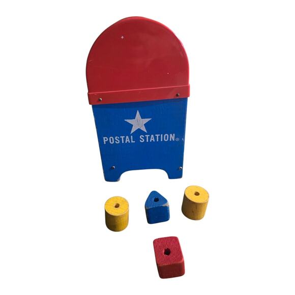Vintage Playskool Postal Station 11" Wood Mailbox Shape Sorter w Blocks - Picture 3 of 5